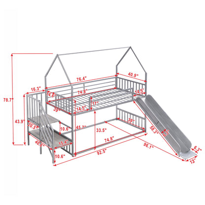 Twin Over Twin Metal Bunk Bed House Bed With Slide And Staircase - Silver