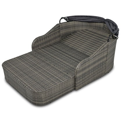 Outdoor Sunbed With Adjustable Canopy, Double Lounge, PE Rattan Daybed Wicker And Cushion - Gray