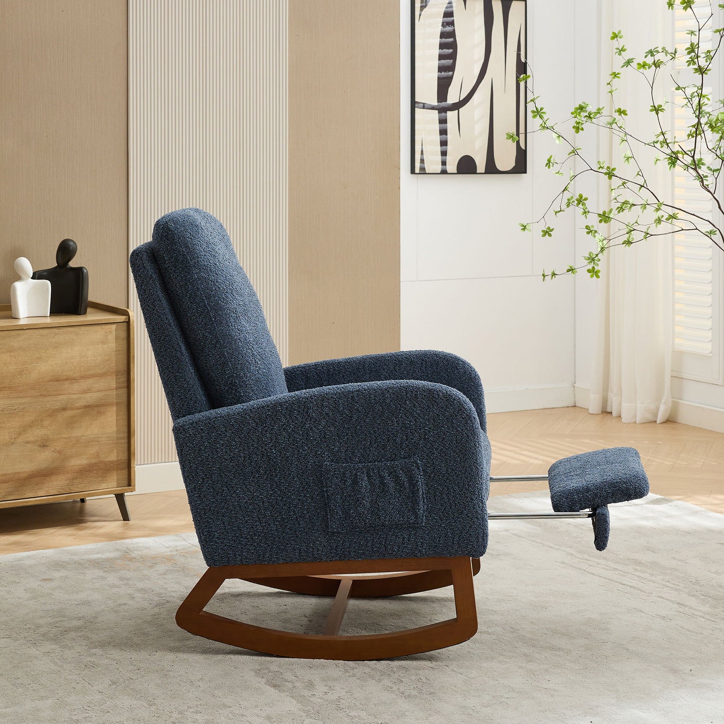 Rocking Chair For Nursery, High Back Glider Chair With Retractable Footrest, Side Pocket, Rocking Accent Armchair With Rubber Wood Legs For Living Room / Bedroom - Navy