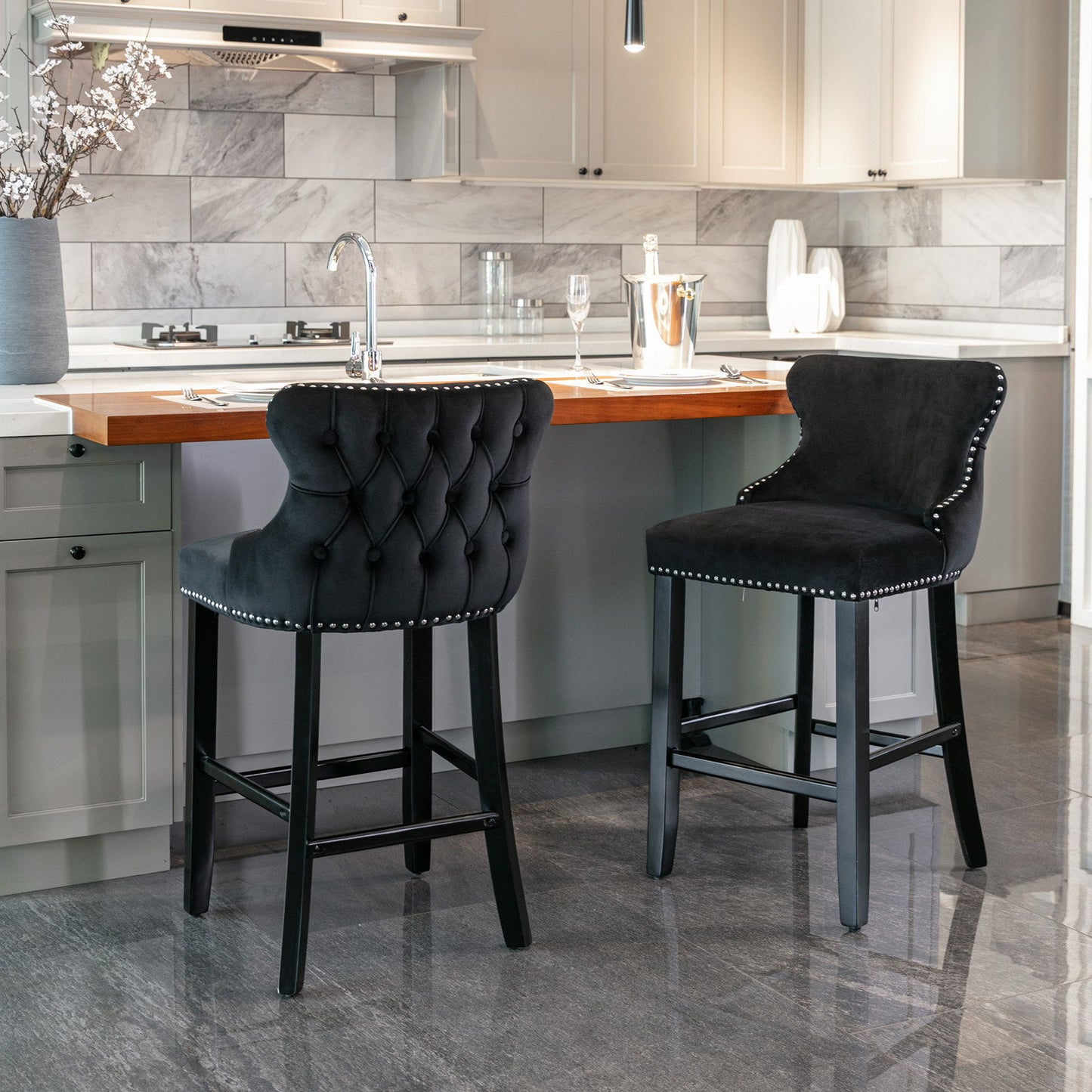 Contemporary Velvet Upholstered Wing-Back Barstools With Button Tufted Decoration And Wooden Legs, And Chrome Nailhead Trim, Leisure Style Bar Chairs, Bar Stools (Set of 4) - Black