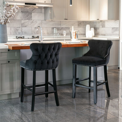 Contemporary Velvet Upholstered Wing-Back Barstools With Button Tufted Decoration And Wooden Legs, And Chrome Nailhead Trim, Leisure Style Bar Chairs, Bar Stools (Set of 4) - Black
