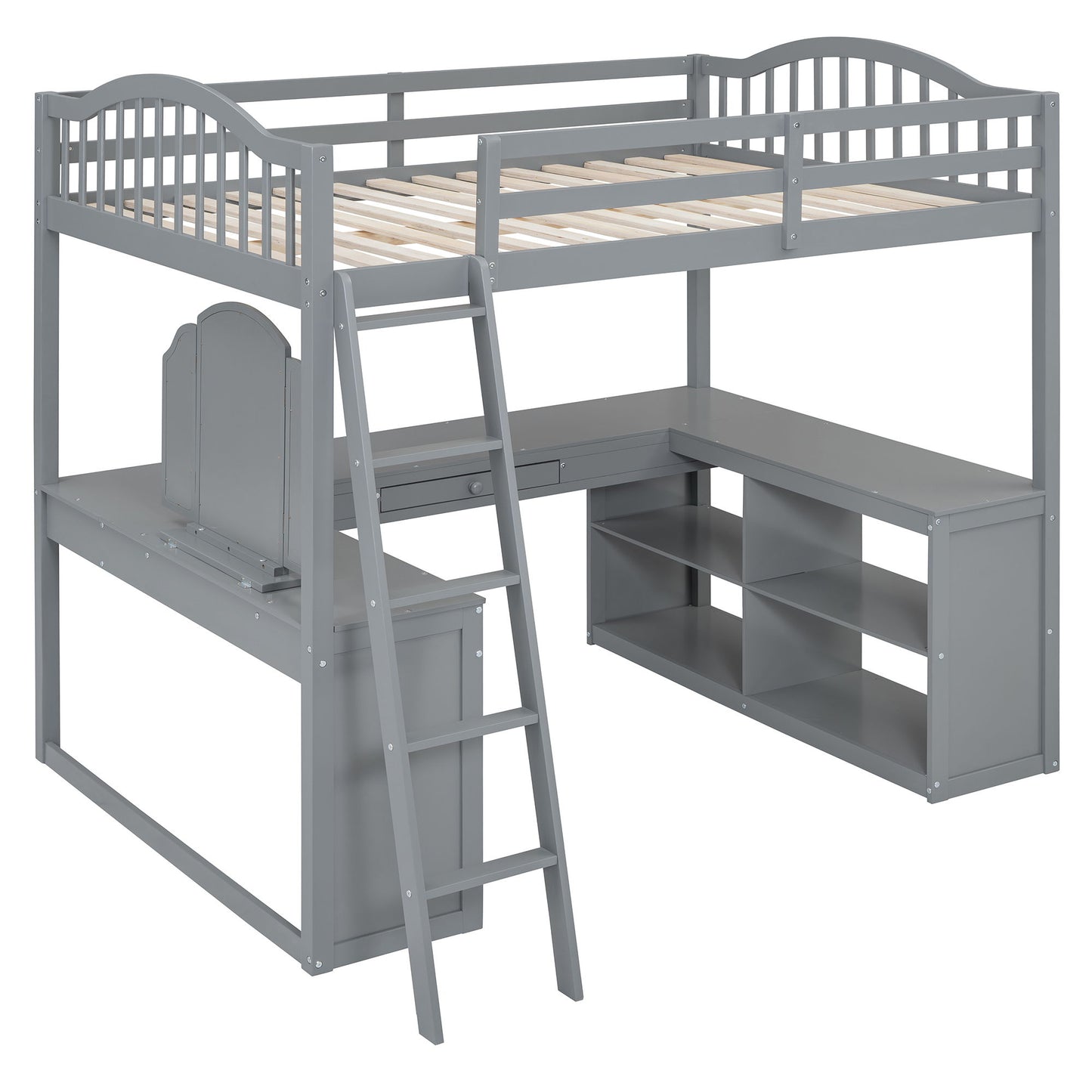 Full Loft Bed With U Shaped Desk, Storage Compartments And Tri Fold Mirror - Gray