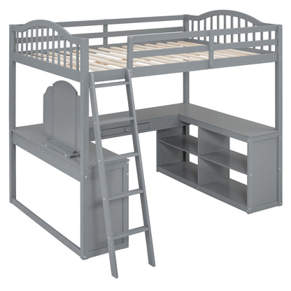 Full Loft Bed With U Shaped Desk, Storage Compartments And Tri Fold Mirror - Gray