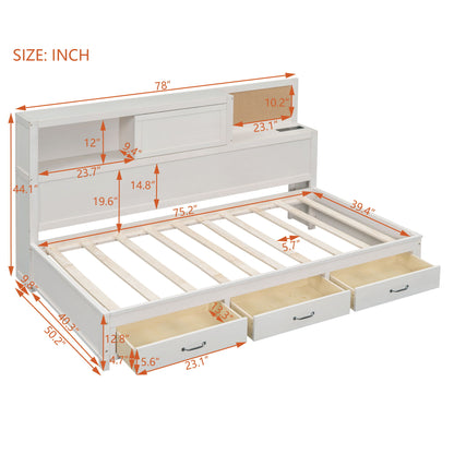 Twin Size Daybed With 3 Storage Drawers, Upper Soft Board, Shelf, And A Set Of Sockets And USB Ports - White