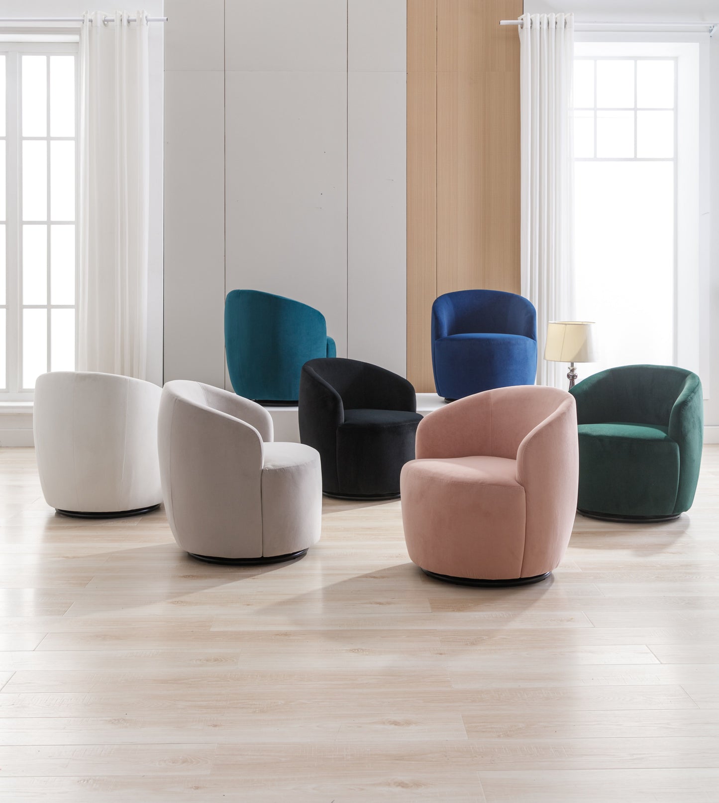 Velvet Fabric Swivel Accent Armchair Barrel Chair With Black Powder Coating Metal Ring - Blue
