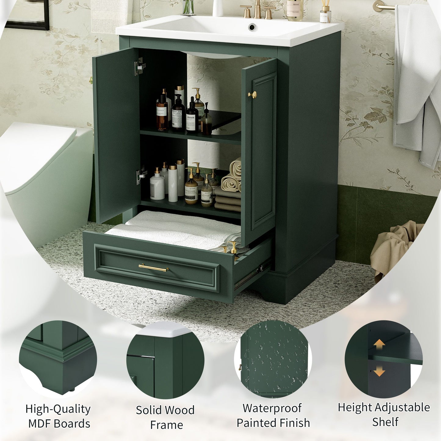 Bathroom Vanity With Ceramic Sink Combo, Modern Freestanding Storage Cabinet With Silver Handles, Soft Closing Doors - Green