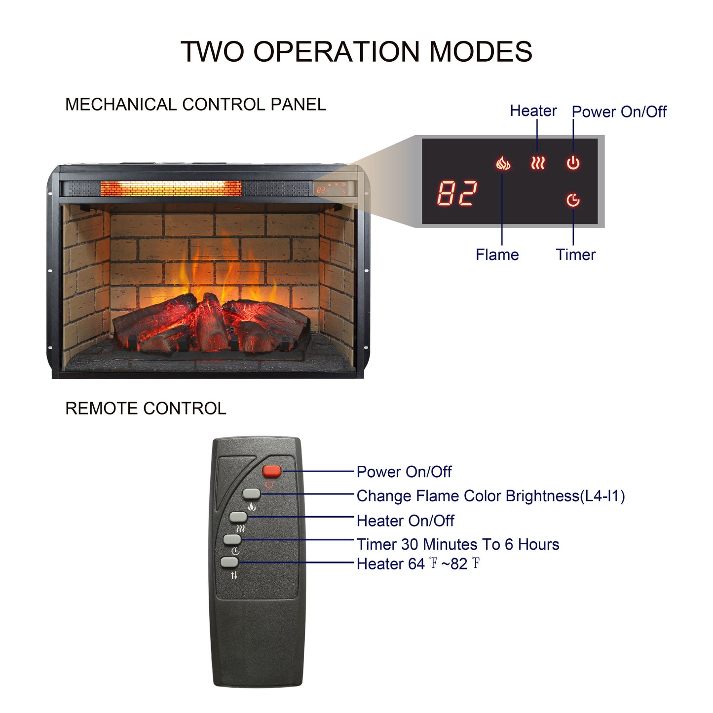 26" Infrared Quartz Heater Fireplace Insert -Woodlog Version With Brick - Antique Black