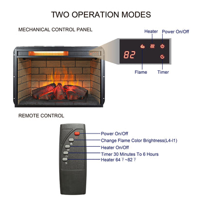 26" Infrared Quartz Heater Fireplace Insert -Woodlog Version With Brick - Antique Black