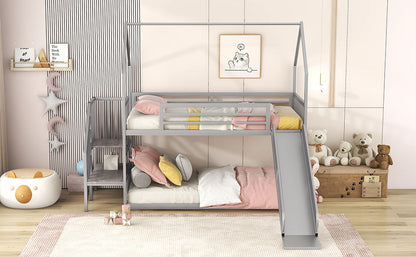 Twin Over Twin Metal Bunk Bed House Bed With Slide And Staircase - Silver