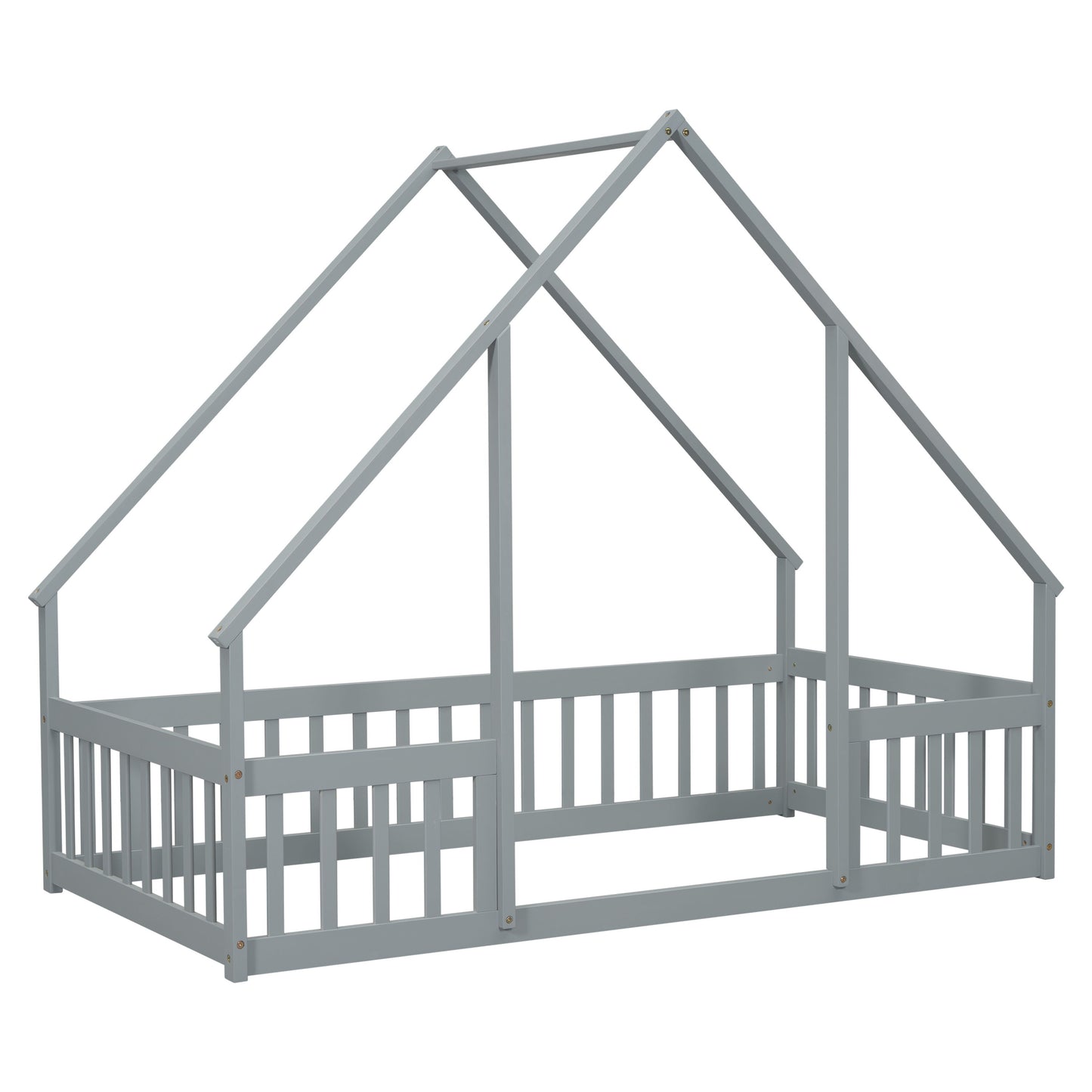 Twin Wood House-Shaped Floor Bed With Fence, Guardrails - Gray