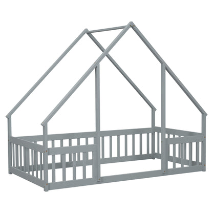Twin Wood House-Shaped Floor Bed With Fence, Guardrails - Gray