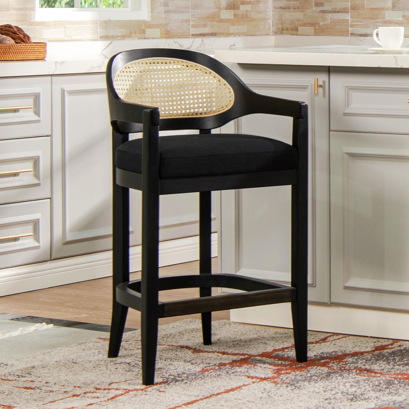 Americana - Mid-Century Modern Cane Back Bar Stool - Jet Black