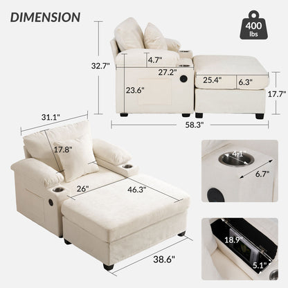Modern Oversized Chair With Ottoman, Chenille Fabric Sofa Bed, Accent Chair Comfy Sofa With Cupholders And USB Charging Ports Chair For Living Room, Bedroom, Apartment - Beige