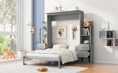 Queen Size Murphy Wall Bed With Shelves, Drawers And LED Lights - Gray