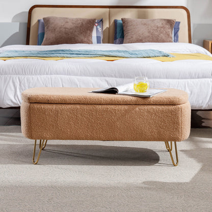 Storage Ottoman Bench For End Of Bed Gold Legs, Modern Camel Faux Fur Entryway Bench Upholstered Padded With Storage For Living Room Bedroom - Camel