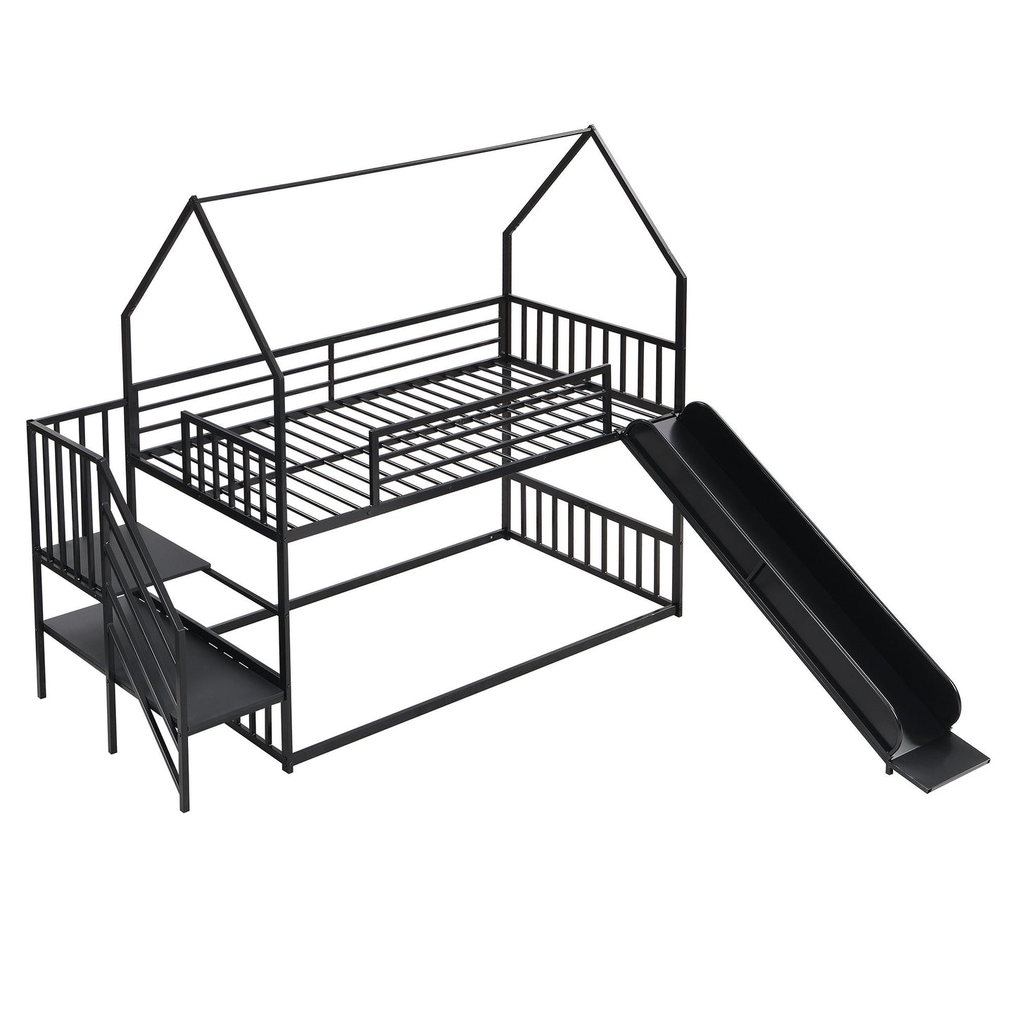 Twin Size Metal Bunk Bed House Bed With Slide And Staircase - Black