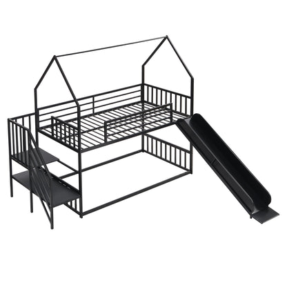 Twin Size Metal Bunk Bed House Bed With Slide And Staircase - Black