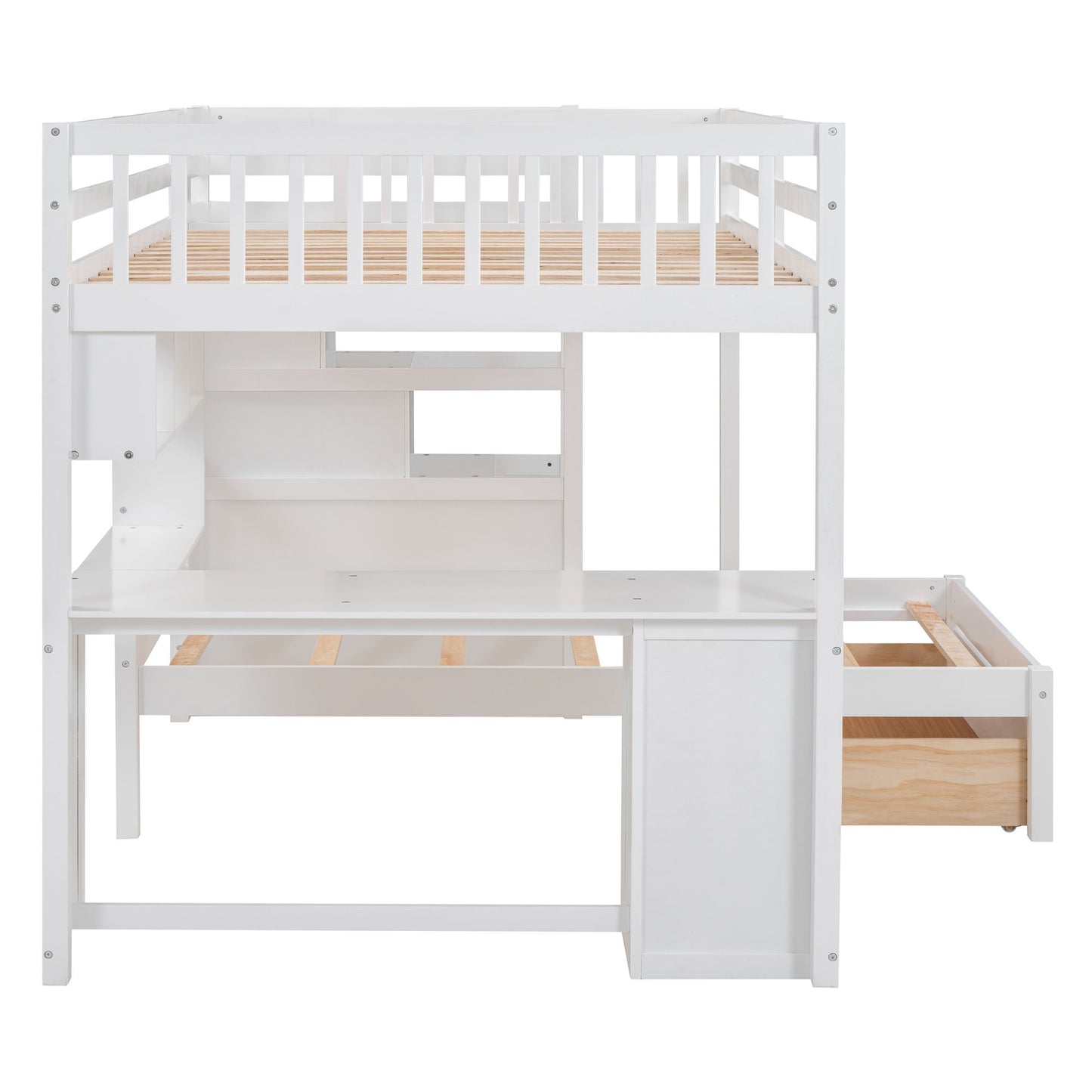 Full Over Twin Bunk Bed With Desk, Drawers And Shelves - White