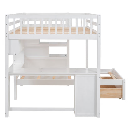 Full Over Twin Bunk Bed With Desk, Drawers And Shelves - White