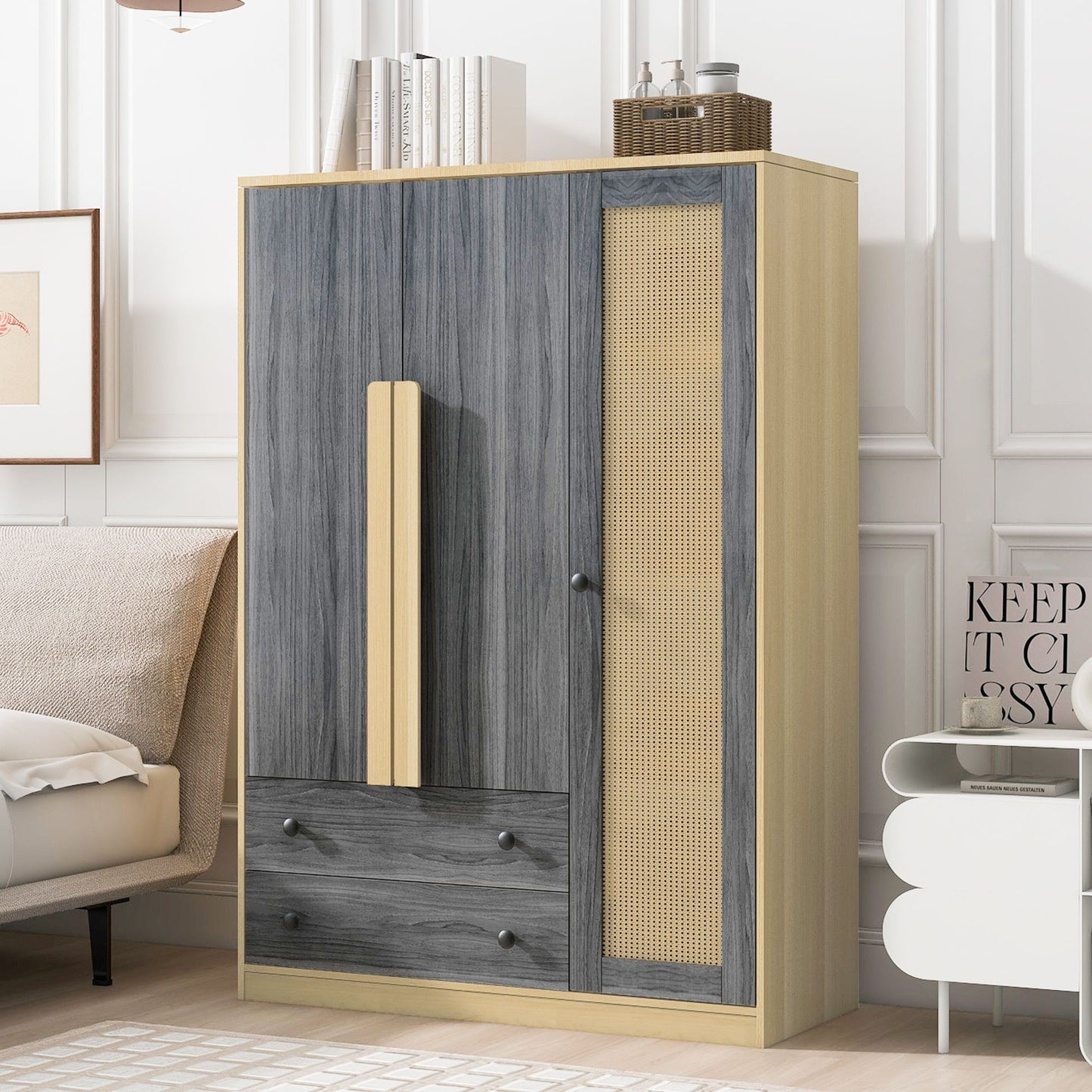 3 Doors Rattan Wardrobe Storage For Bedroom, With 2 Drawers - Gray / Nature