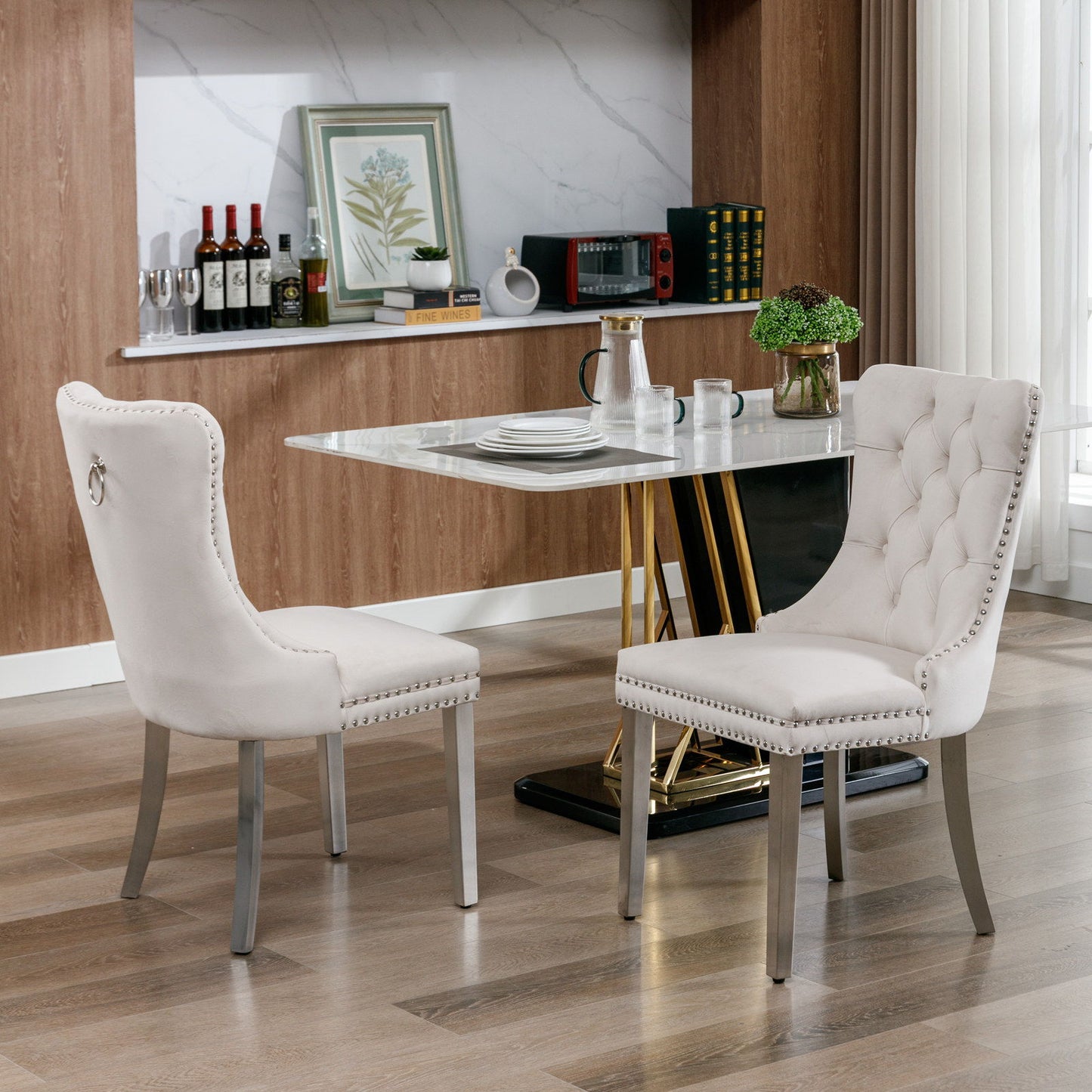 Nikki - Modern, High-End Tufted Solid Wood Contemporary Velvet Upholstered Dining Chair With Chrome Stainless Steel Plating Legs, Nailhead Trim (Set of 2) - Beige