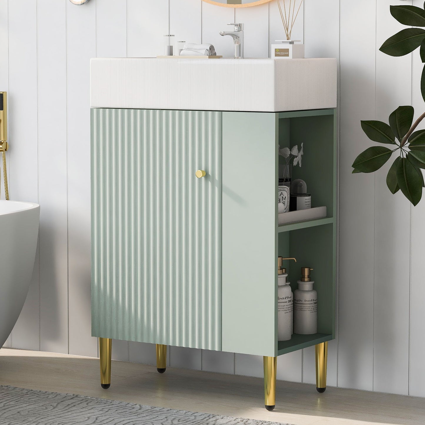 Bathroom Vanity, Combo Cabinet, Bathroom Storage Cabinet, Single Ceramic Sink, Right Side Storage - Green