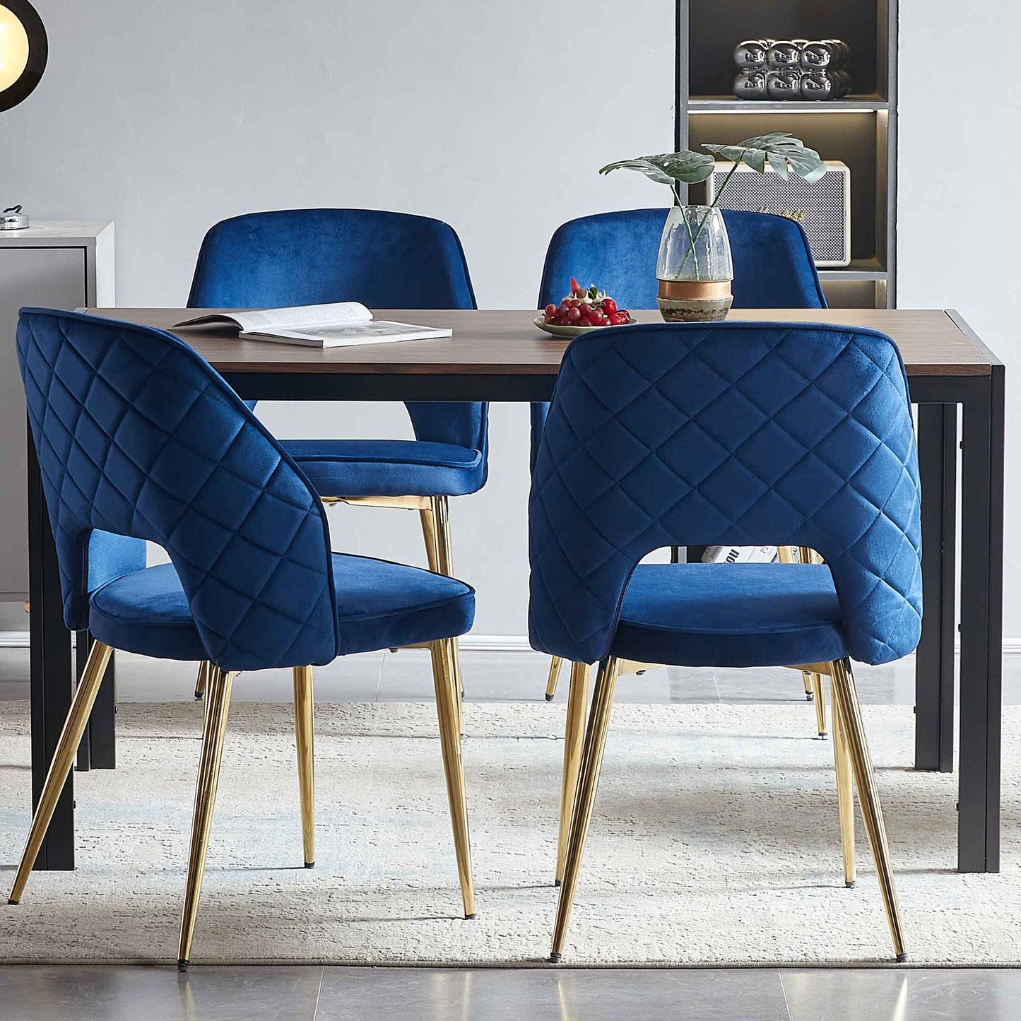 Velvet Dining Chairs With Metal Legs And Hollow Back Upholstered Dining Chairs (Set of 4) - Blue
