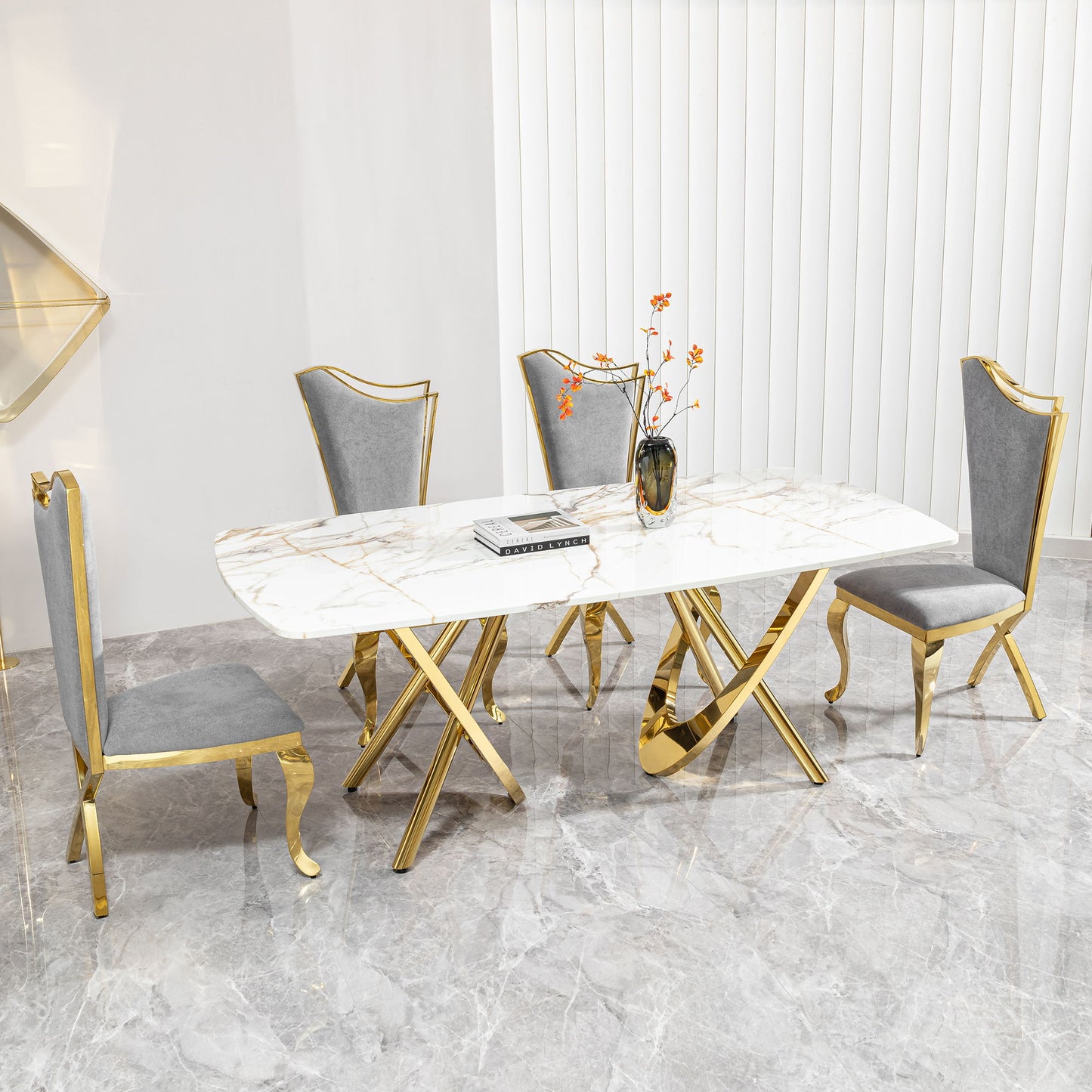 Marble Pattern Dining Table With Stainless Steel Base, Rectangular, Seats 6 Or 8 - Gold