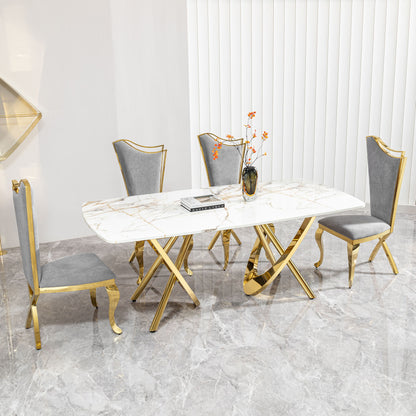 Marble Pattern Dining Table With Stainless Steel Base, Rectangular, Seats 6 Or 8 - Gold