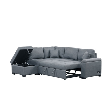 Sleeper Sectional Sofa, L-Shape Corner Couch Sofa - Bed With Storage Ottoman & Hidden Arm Storage & USB Charge For Living Room Apartment - Dark Gray
