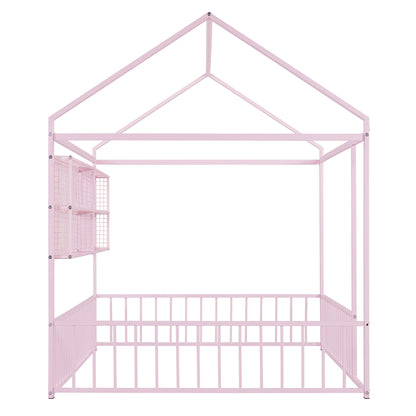 Full Size Bed House Frame With Fence And Shelves - Pink
