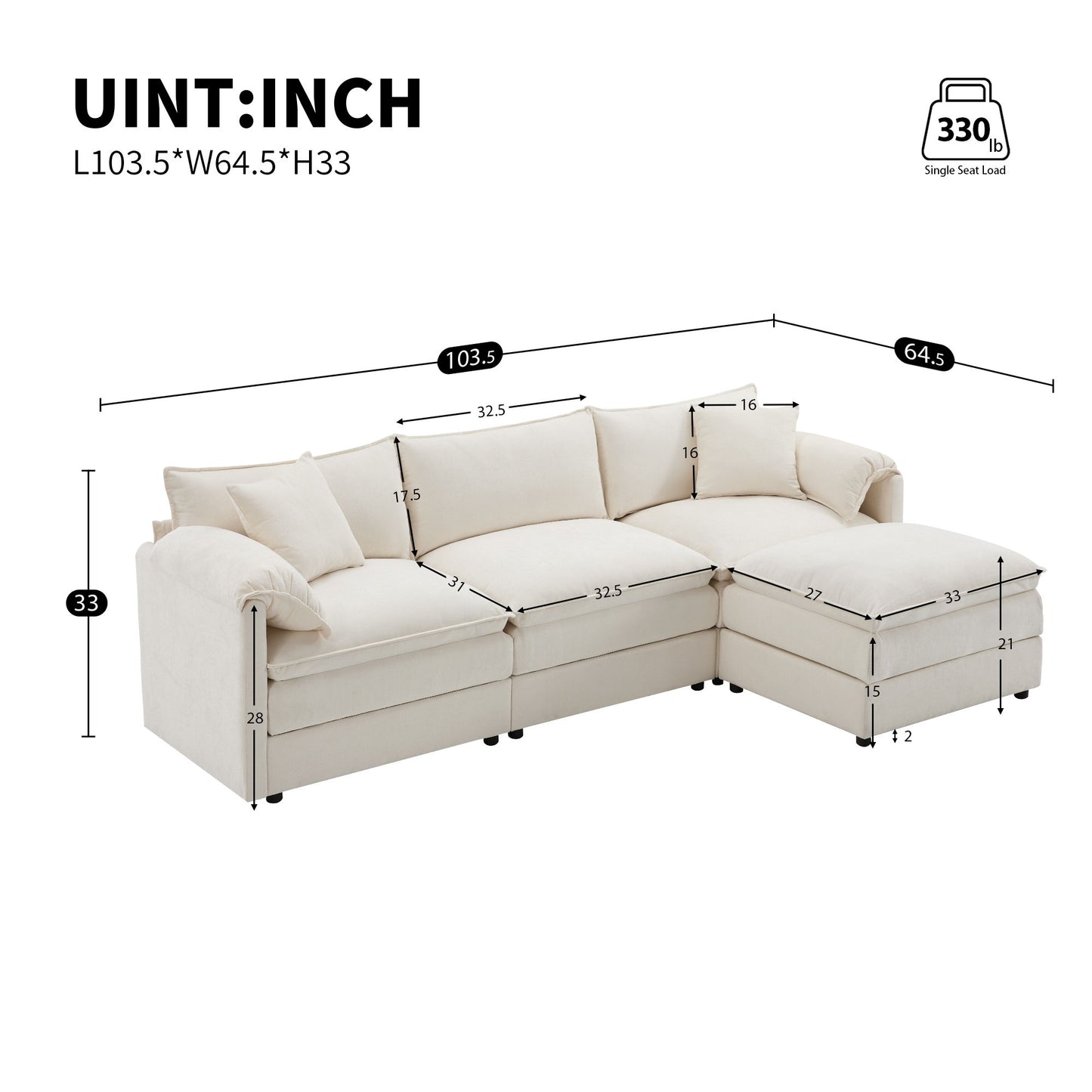 Modular Sectional With Deep And Wide Seat, L Shaped Cloud Couch Set With Double Cushions 4 Seat Sofa With Movable Ottoman Oversized - Cream