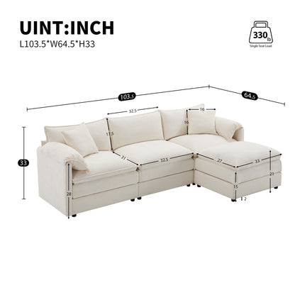 Modular Sectional With Deep And Wide Seat, L Shaped Cloud Couch Set With Double Cushions 4 Seat Sofa With Movable Ottoman Oversized - Cream