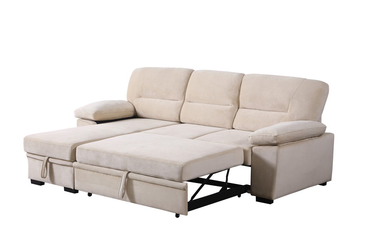 Kipling - Velvet Fabric Reversible Sleeper Sectional Sofa Chaise - Beige