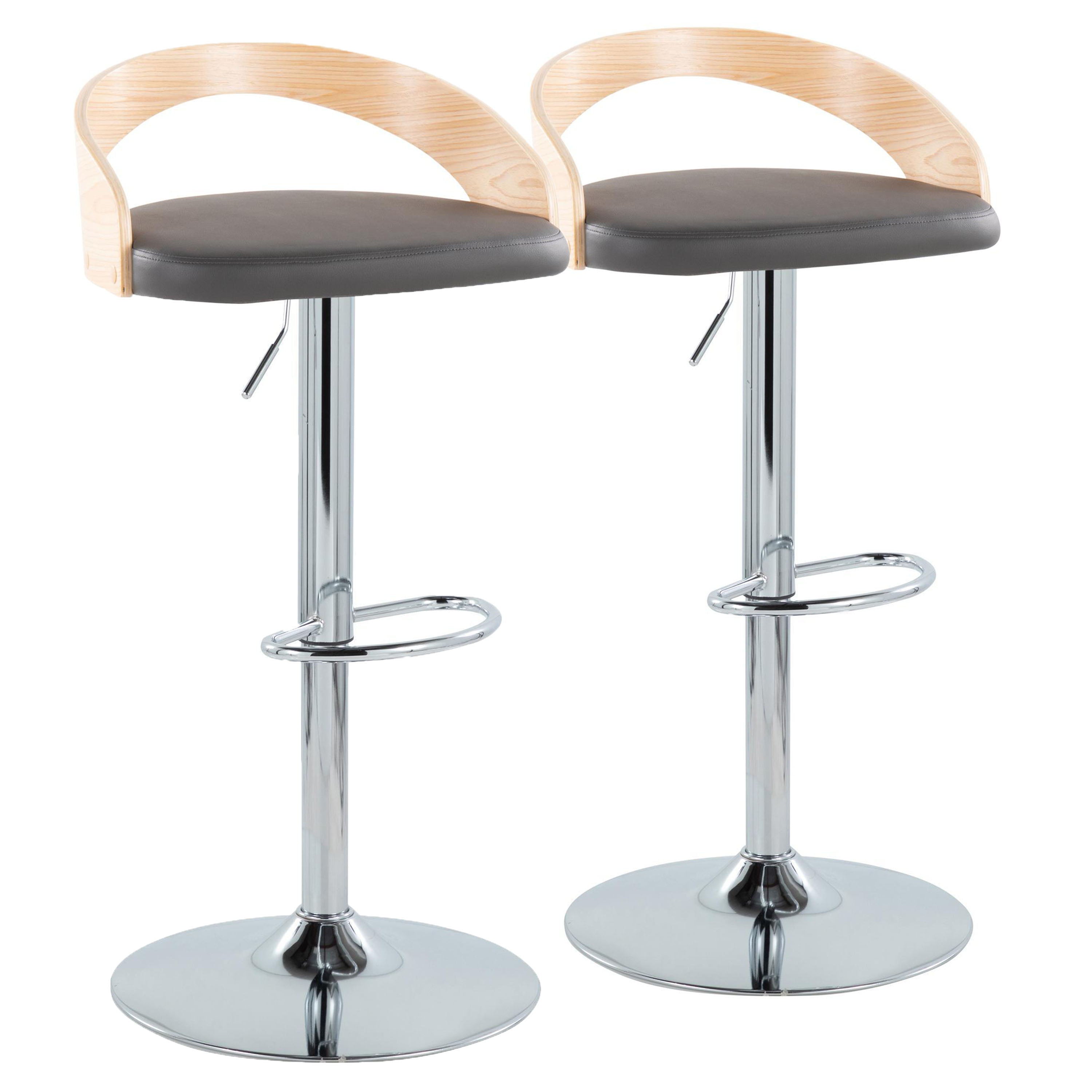 Grotto - Mid-Century Modern Adjustable Height Barstool With Swivel With Oval Footrest (Set of 2) - Chrome / Natural / Gray