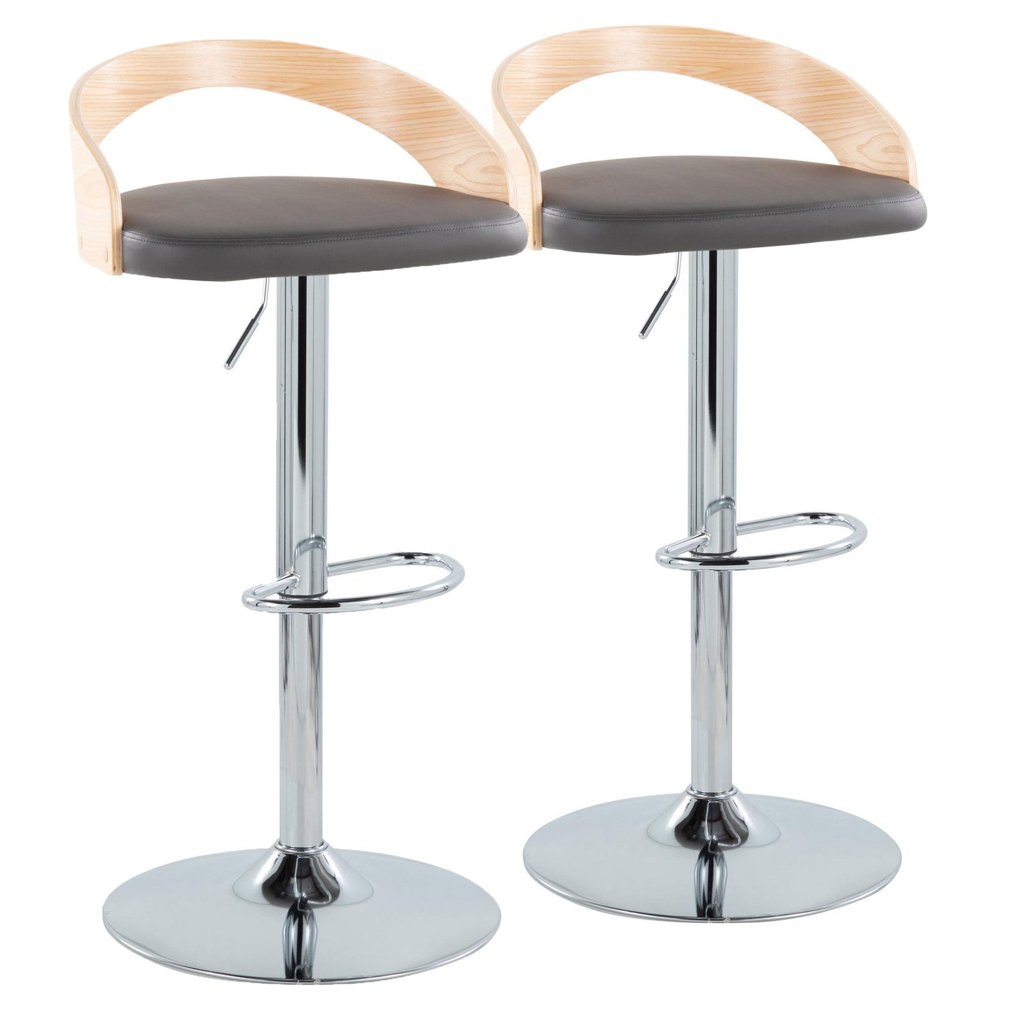Grotto - Mid-Century Modern Adjustable Height Barstool With Swivel With Oval Footrest (Set of 2) - Chrome / Natural / Gray