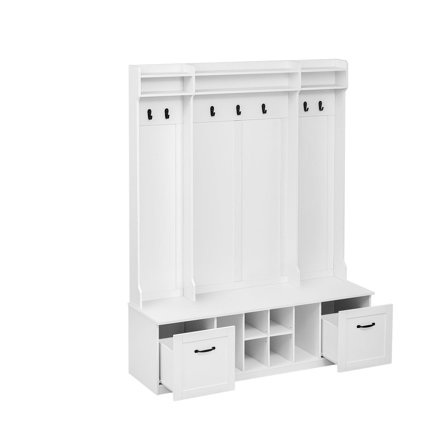 5 In 1 Entryway Bench With Coat Rack, 7 Sturdy Hooks, 2 Spacious Drawers And Adjustable Shelves, Wide Hall Tree With Metal Handles For Hallway - White