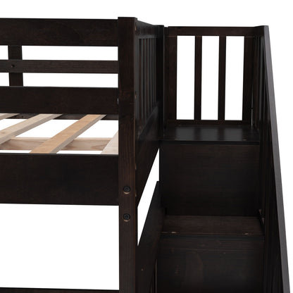 Full Over Full Stairway Bunk Bed With Storage And Guard Rail For Bedroom - Espresso