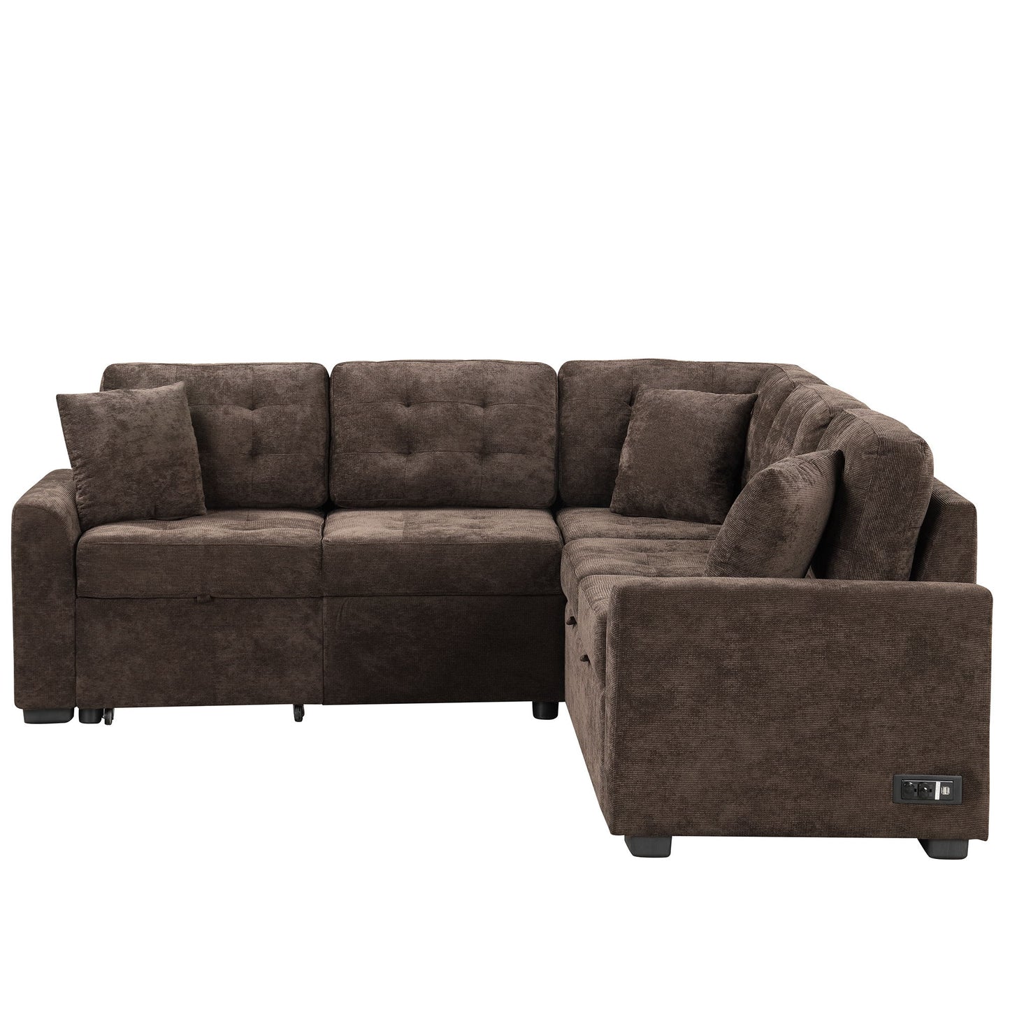 L-Shape Sofa Bed Pull-Out Sleeper Sofa With Wheels, USB Ports, Power Sockets For Living Room - Brown