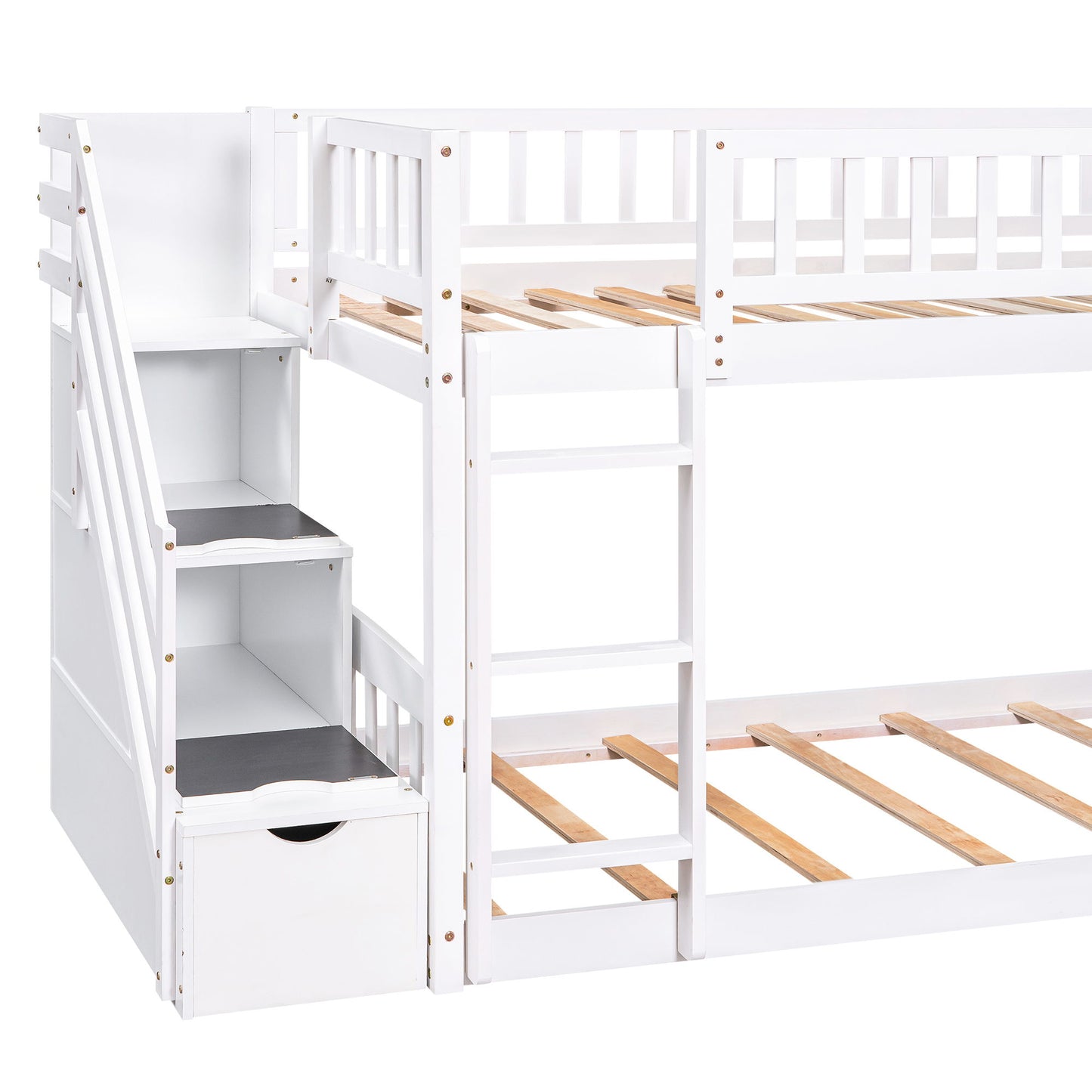 Twin Over Twin Stairway Bunk Bed & Two Drawers And Slide - White