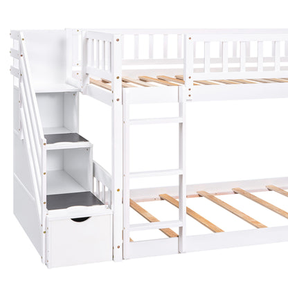 Twin Over Twin Stairway Bunk Bed & Two Drawers And Slide - White