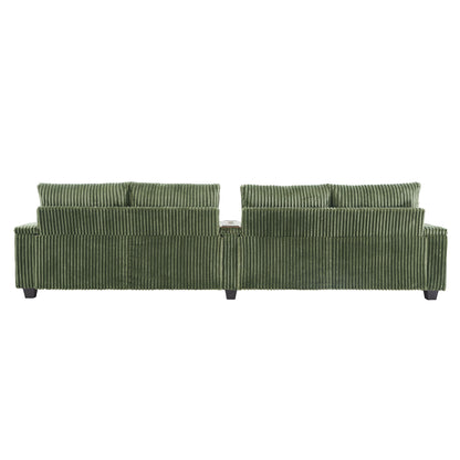 Modern 4 Seater Corduroy Sofa With USB Ports, Hidden Storage Arms, Flip Top Cup Holders - Green