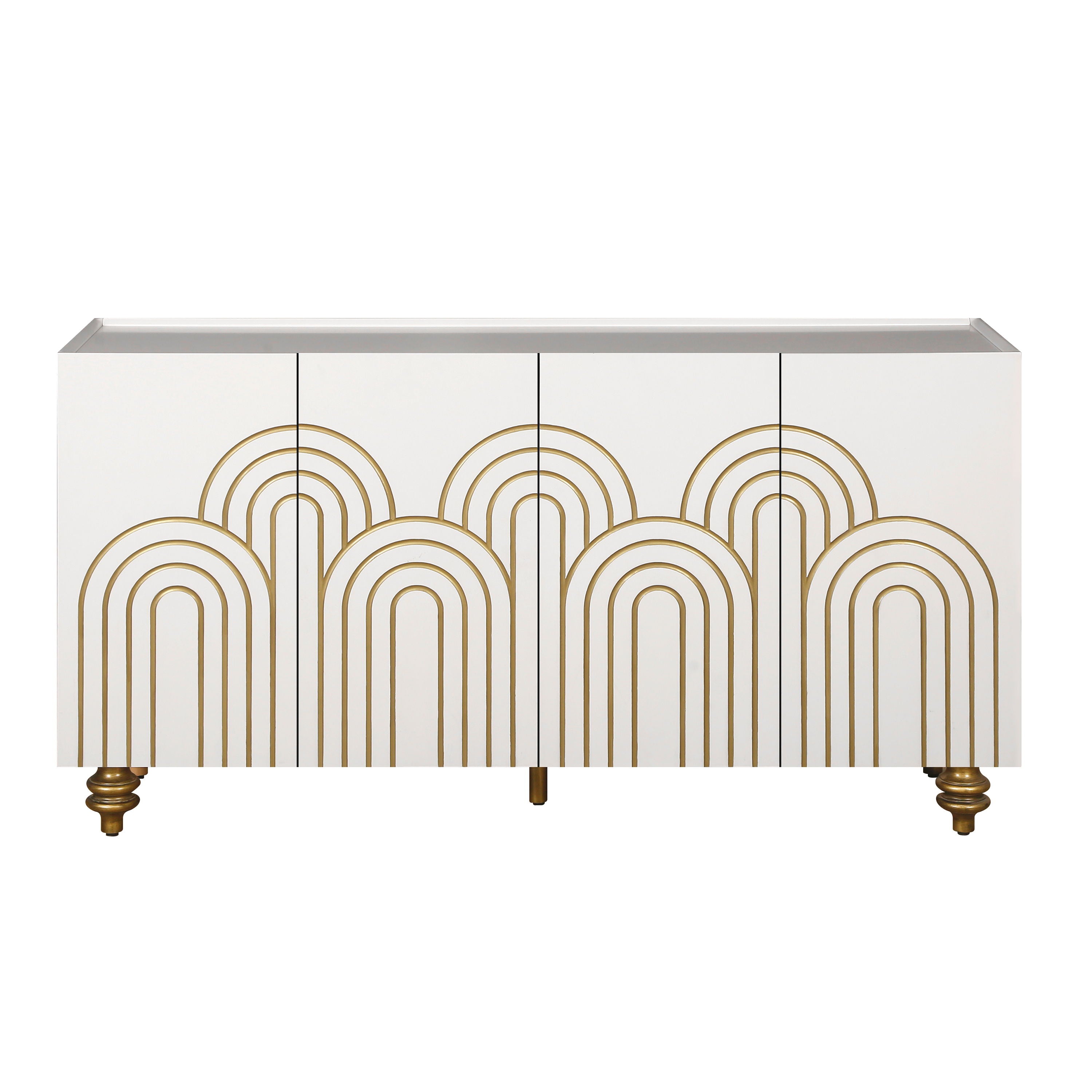 Modern Fluted Sideboard Buffet With Storage, Curve Element, 4 Doors With Adjustable Shelves - White