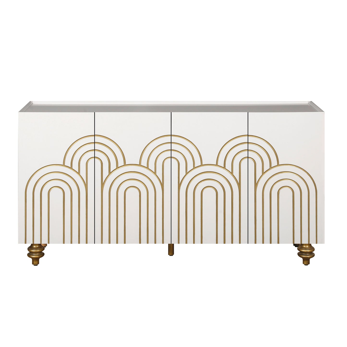 Modern Fluted Sideboard Buffet With Storage, Curve Element, 4 Doors With Adjustable Shelves - White