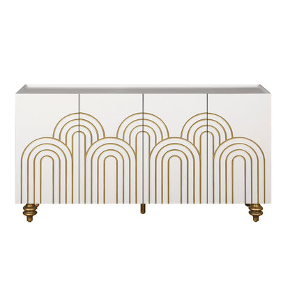 Modern Fluted Sideboard Buffet With Storage, Curve Element, 4 Doors With Adjustable Shelves - White
