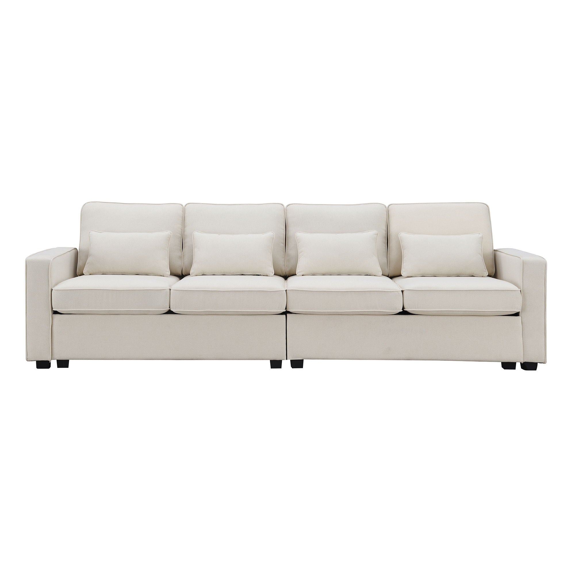 4 Seater Modern Linen Sofa With Armrest Pockets And 4 Pillows, Minimalist Style Couch - Beige