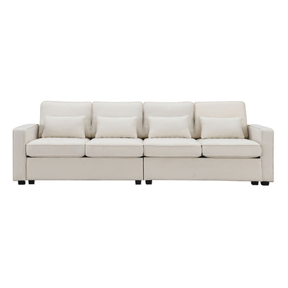 4 Seater Modern Linen Sofa With Armrest Pockets And 4 Pillows, Minimalist Style Couch - Beige