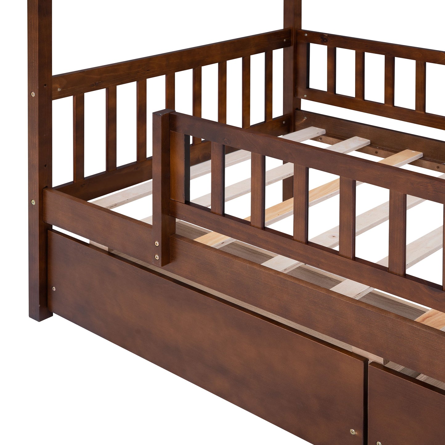 Twin Size House Bed With 2 Drawers - Walnut