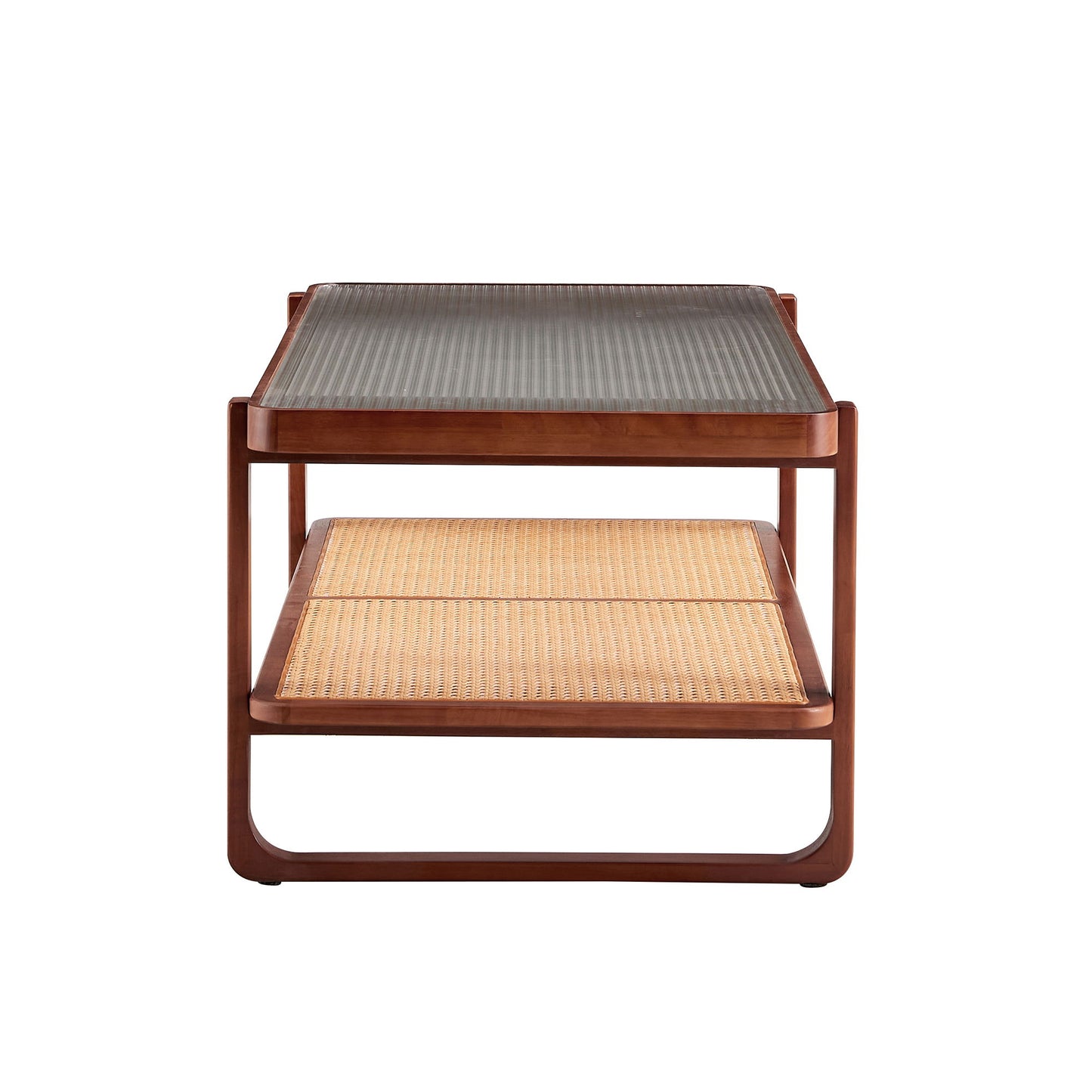 Modern Simple Rectangle Double Layer Solid Wood Glass Desktop Tea Table Rattan Woven Chinese Side Table Small Rectangle Table - Natural Wood