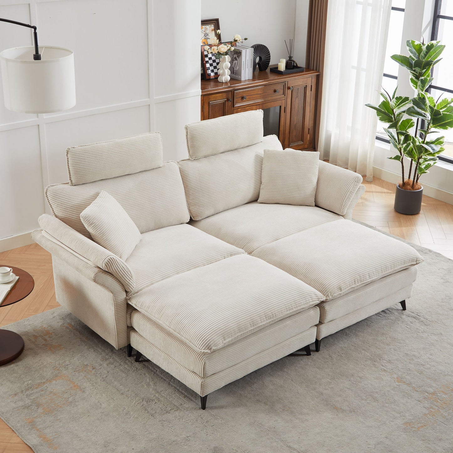 Modern Corduroy, Loveseat Sofa, Deep Seat Sectional Sofa With Ottomans Comfortable Cloud Sofa For Living Room, Apartment, Office, Couch - Beige
